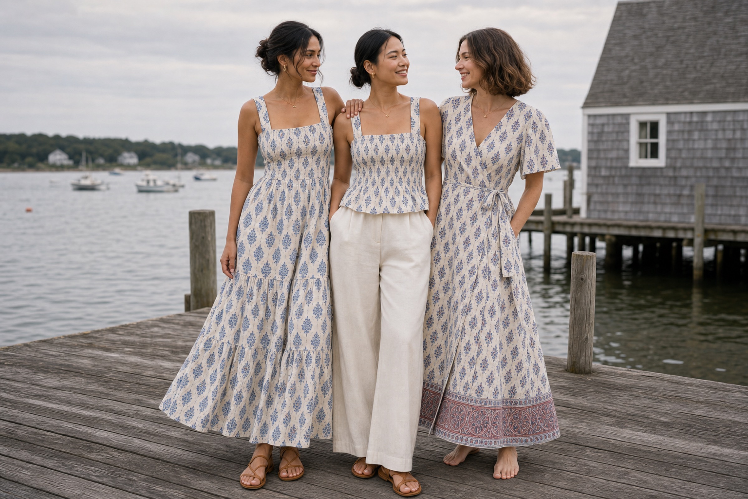 The Coastal Collection — three looks on a weathered dock